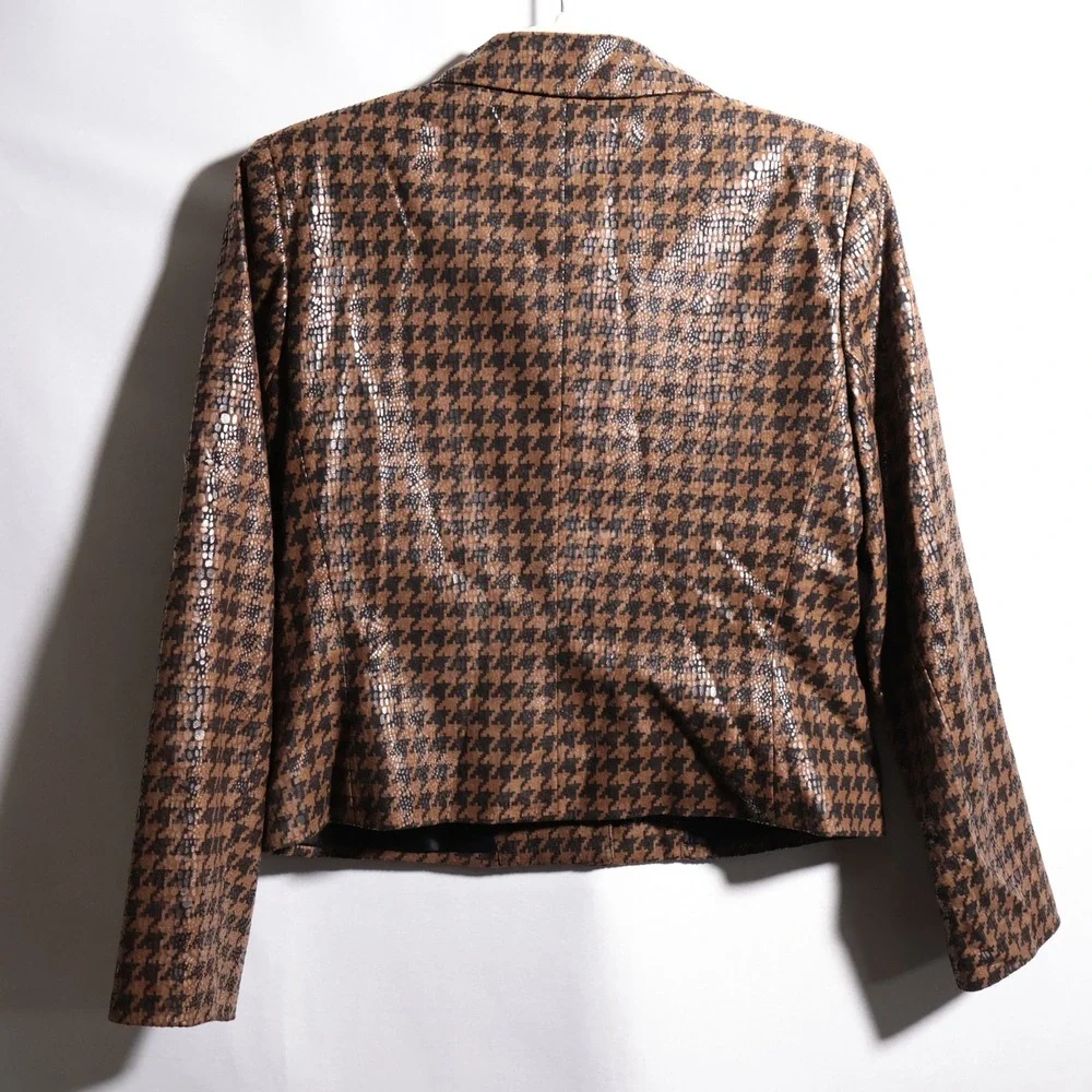 VTG Harve Benard Brown‎ Houndstooth Jacket Faux Leather Glamoratti Mob Wife 8 P
